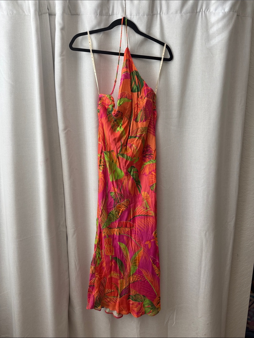 NWT FARM Rio One-Shoulder Tropical Leaf Slip Dress in Orange & Pink